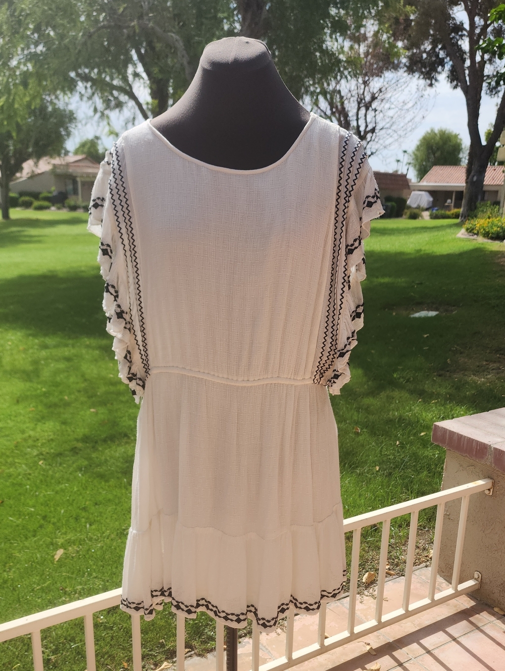 Free People White Tiered Dress with Black Embroidered Trim